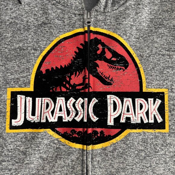 Jurassic Park Drawstring Hoodie Heather Gray ZipUp Graphic Logo Sweater Men's XL - Picture 4 of 5